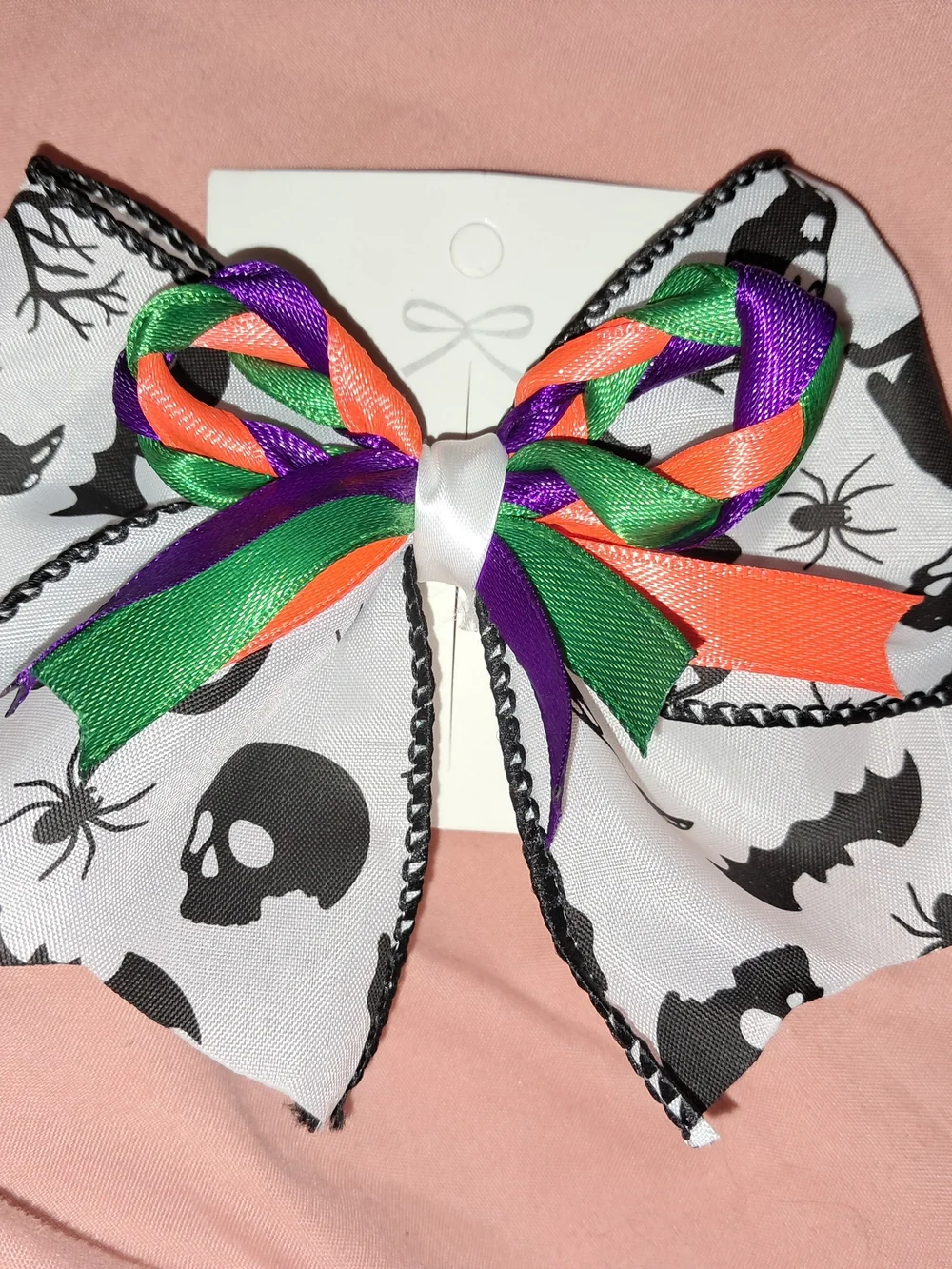 Halloween Skull & Spider Bow Hair Barrette - Black, White, Green, Orange, Purple